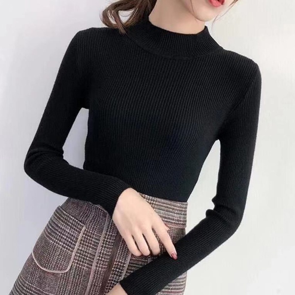 Áo len CHIPXINH cổ 3 phân, dài tay, form dáng ôm - màu đen