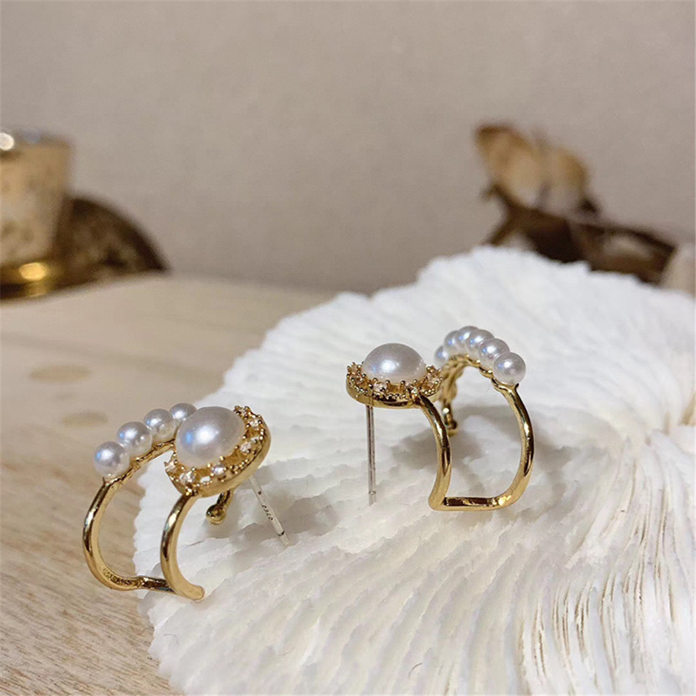 Đôi khuyên trang sức tai thiết kế hình học có đính ngọc trai lung linh cho phái nữ