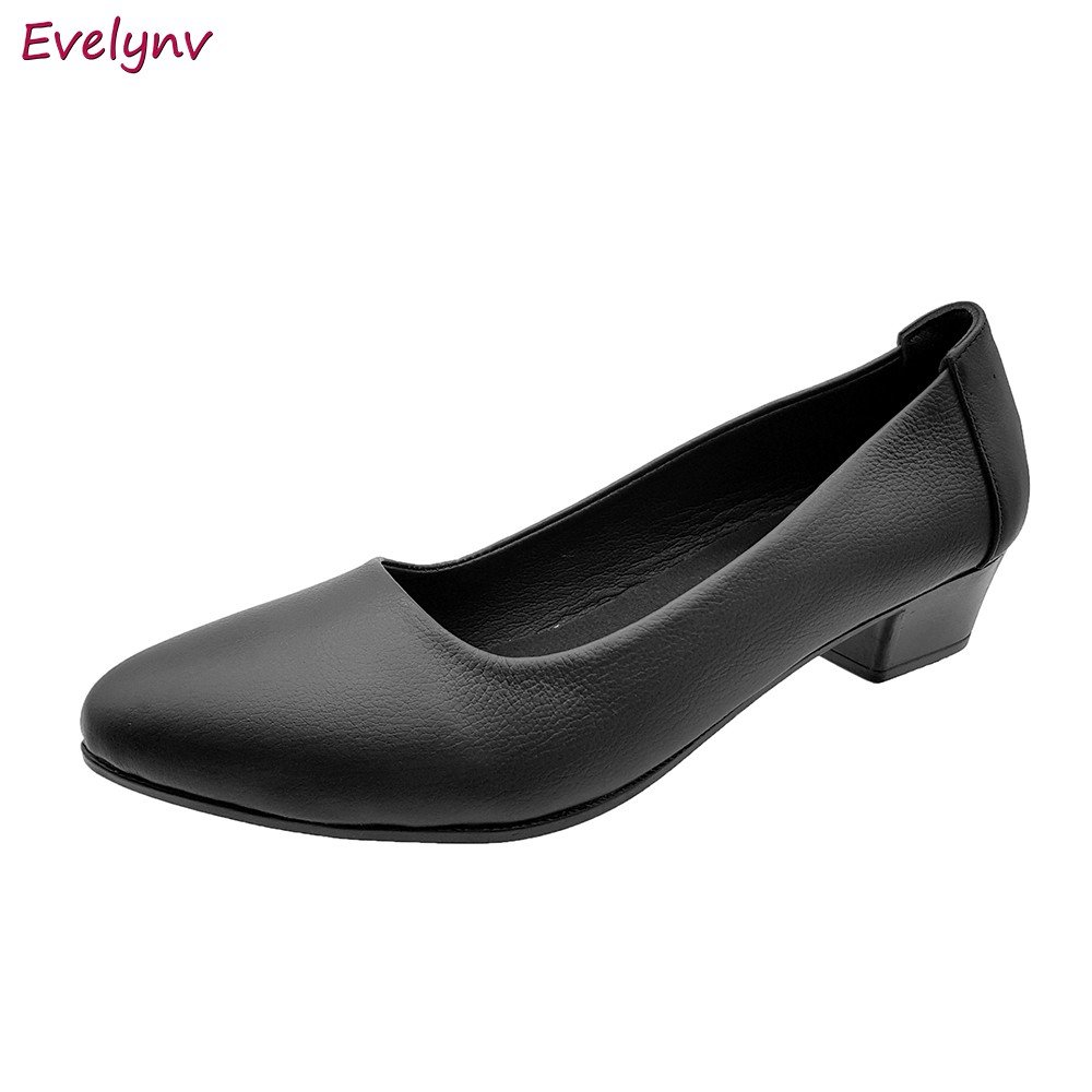 Giày Cao Gót 3Cm Giày Gót Vuông Da Bò Nguyên Tấm Sang Trọng Evelynv 3P0216 (Đen)