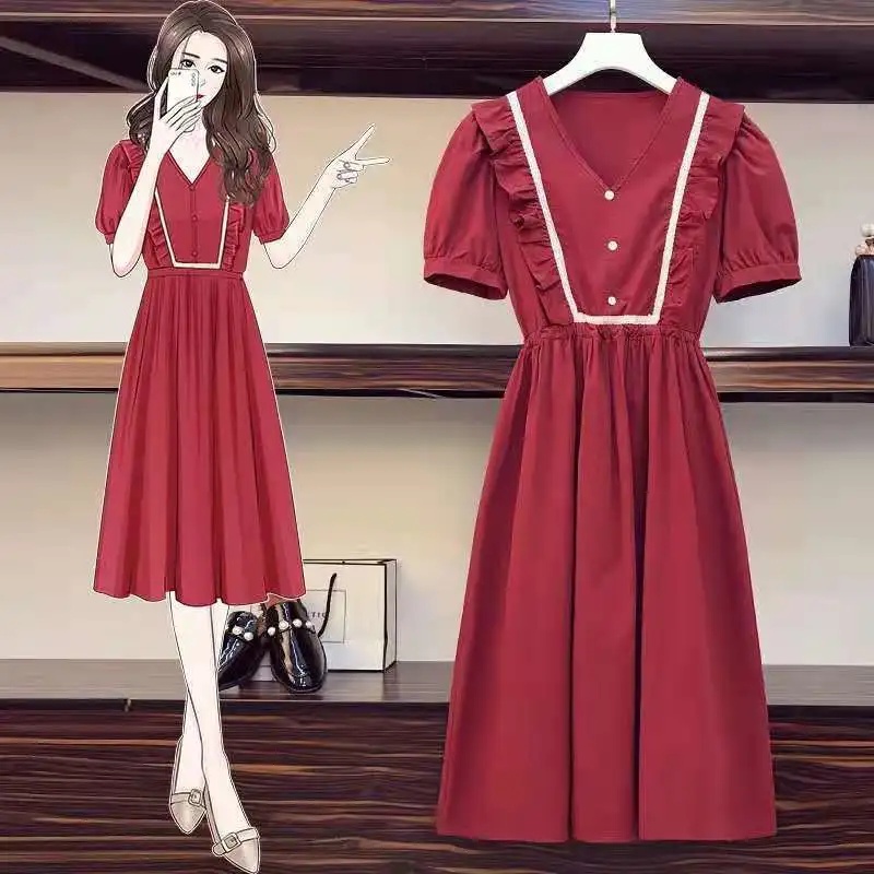 Đầm Midi Tay Phồng Cổ Tròn In Họa Tiết Trái Tim Phong Cách Hàn Quốc Xinh Xắn Cho Nữ