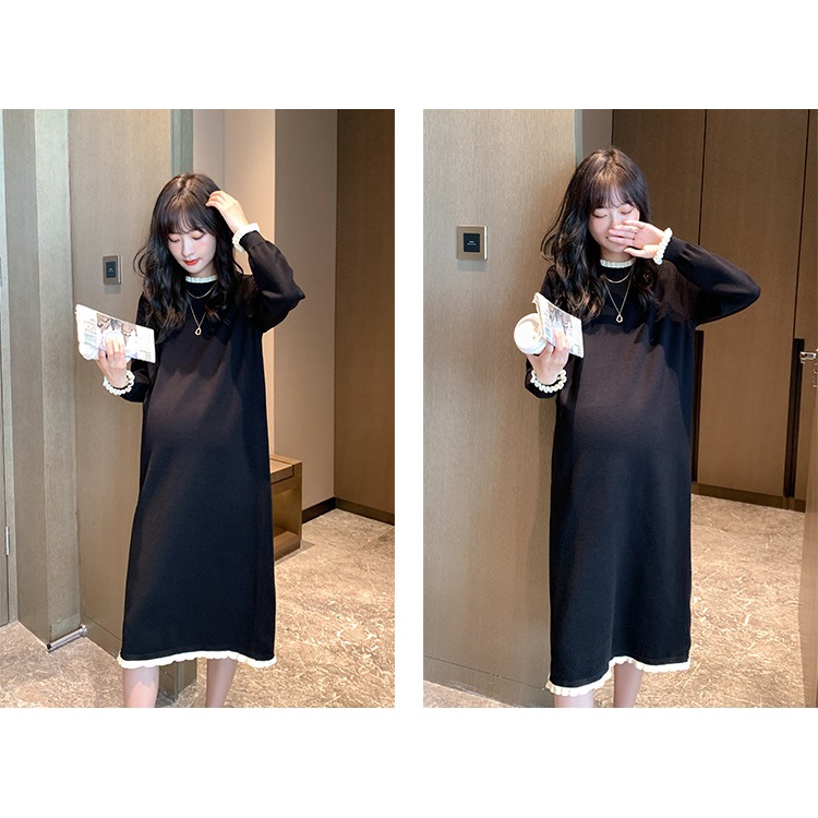 Váy đầm len suông bầu và sau sinh phối viền trắng phong cách hàn quốc nhã nhặn trẻ trung cho mùa thu đông ấm áp