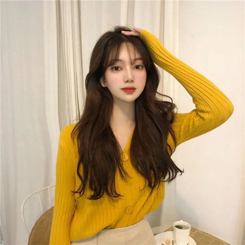Áo cardigan IELGY dệt kim cổ V dài tay phong cách Hàn Quốc cho nữ