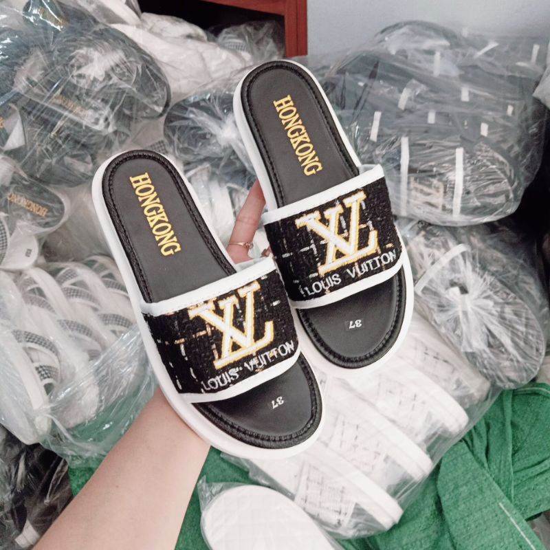 Dép Nữ Quai Ngang Dép Bánh Mì Dạ Thêu Mới LVVT Cực Xinh Đế Pu Siêu Nhẹ Mềm Cao 3P Tôn Dáng Kèm Video Thật