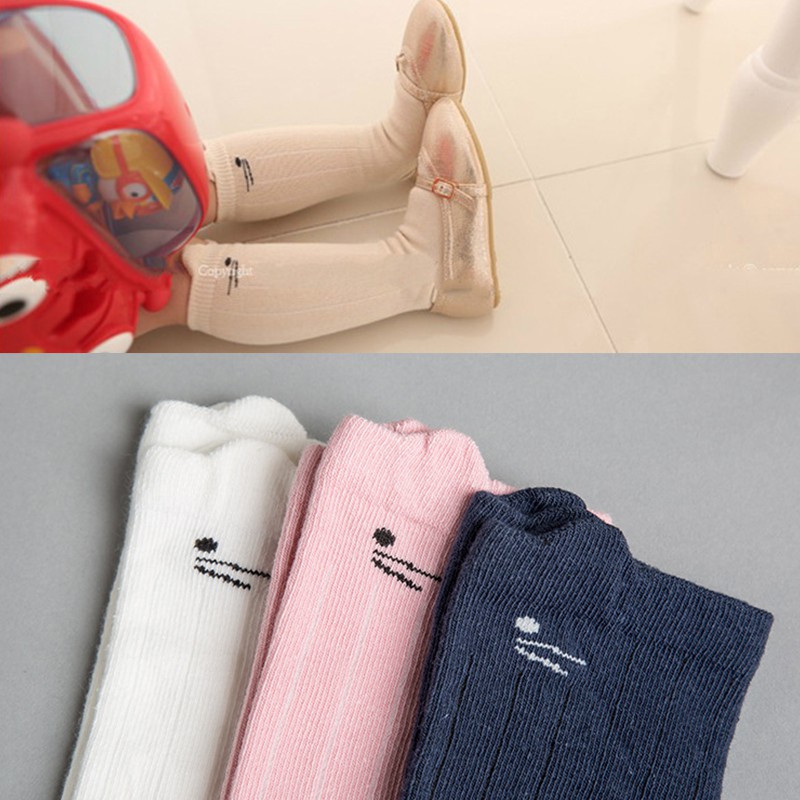 Vớ cotton dài màu trơn hình mèo dễ thương cho bé gái