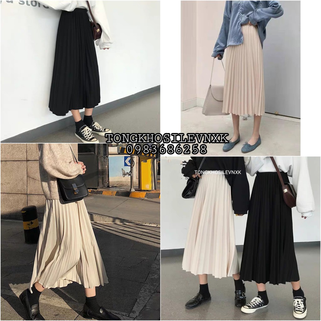 CHÂN VÁY XẾP LI MIDI MÀU BE MÀU ĐEN ULZZANG HOT | BigBuy360 - bigbuy360.vn