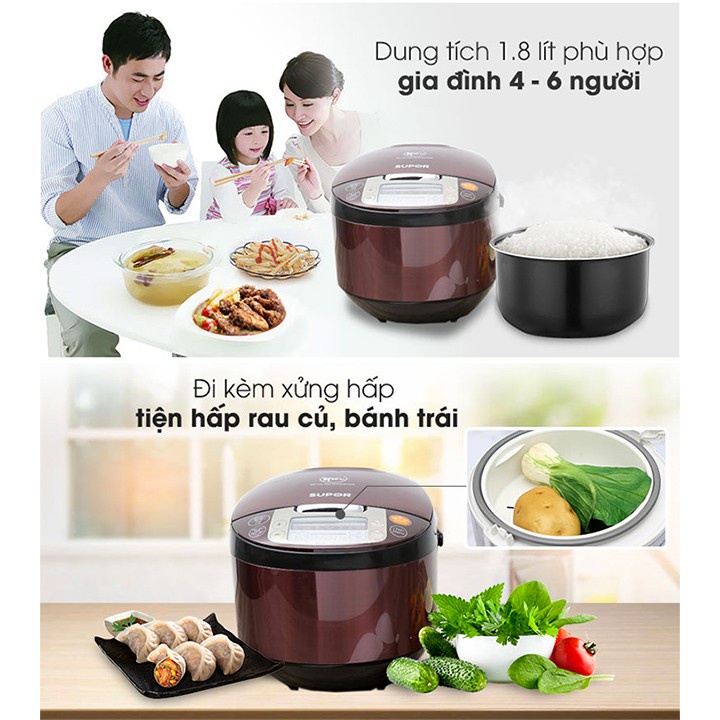 Nồi cơm điện tử Supor dung tích 1.8L, Lòng nồi dạng niêu siêu dày giúp cơm chín đều và thơm ngon hơn, Tặng kèm xửng hấp