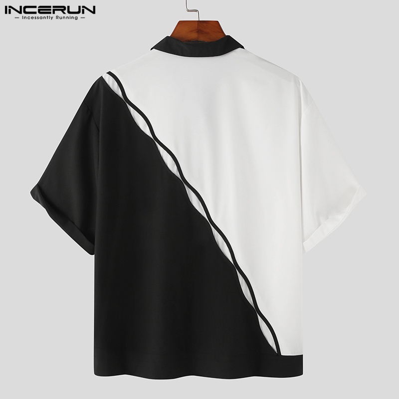 Áo sơ mi INCERUN tay ngắn dáng rộng kết hợp màu sắc trắng và đen phong cách đường phố cá tính dành cho nam