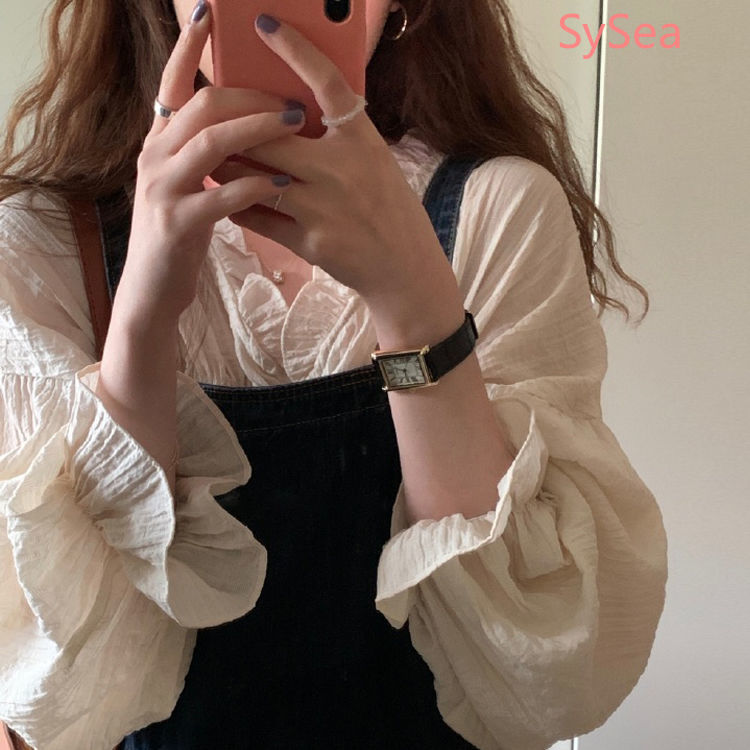 Áo sơ mi chiffon dài tay màu xanh lam thời trang mùa thu cho nữ