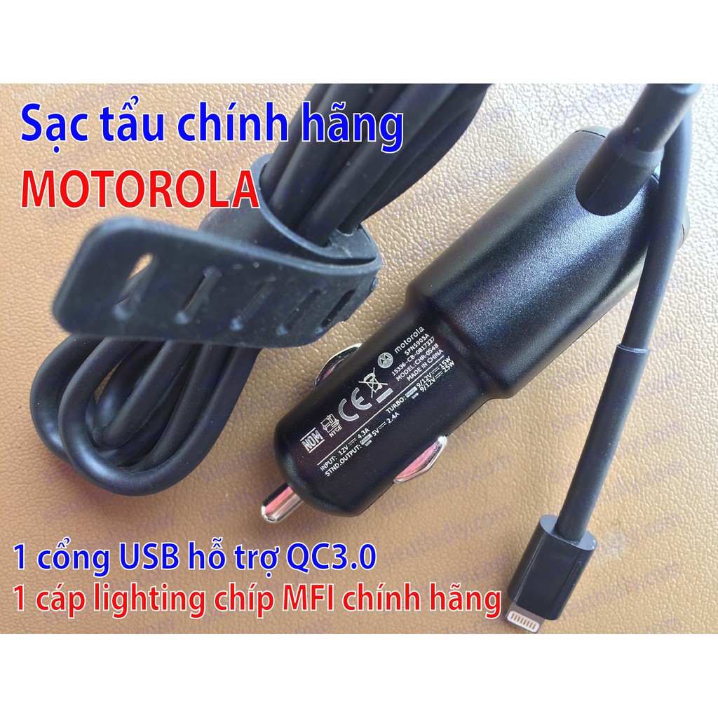 Sạc tẩu Motorola ra 1 cáp lighting MFI - 1 cổng USB QC3.0