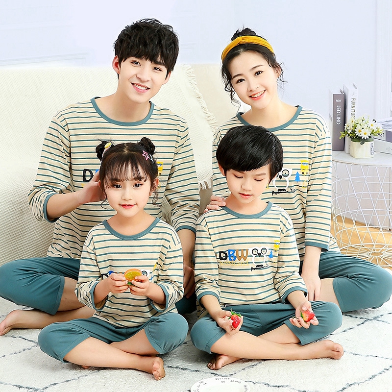 Bộ quần áo ngủ vải cotton in hình hoạt họa đáng yêu thời trang mùa hè cho gia đình