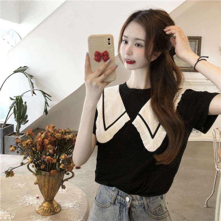 Áo thun tay ngắn cổ búp bê phong cách Hàn Quốc