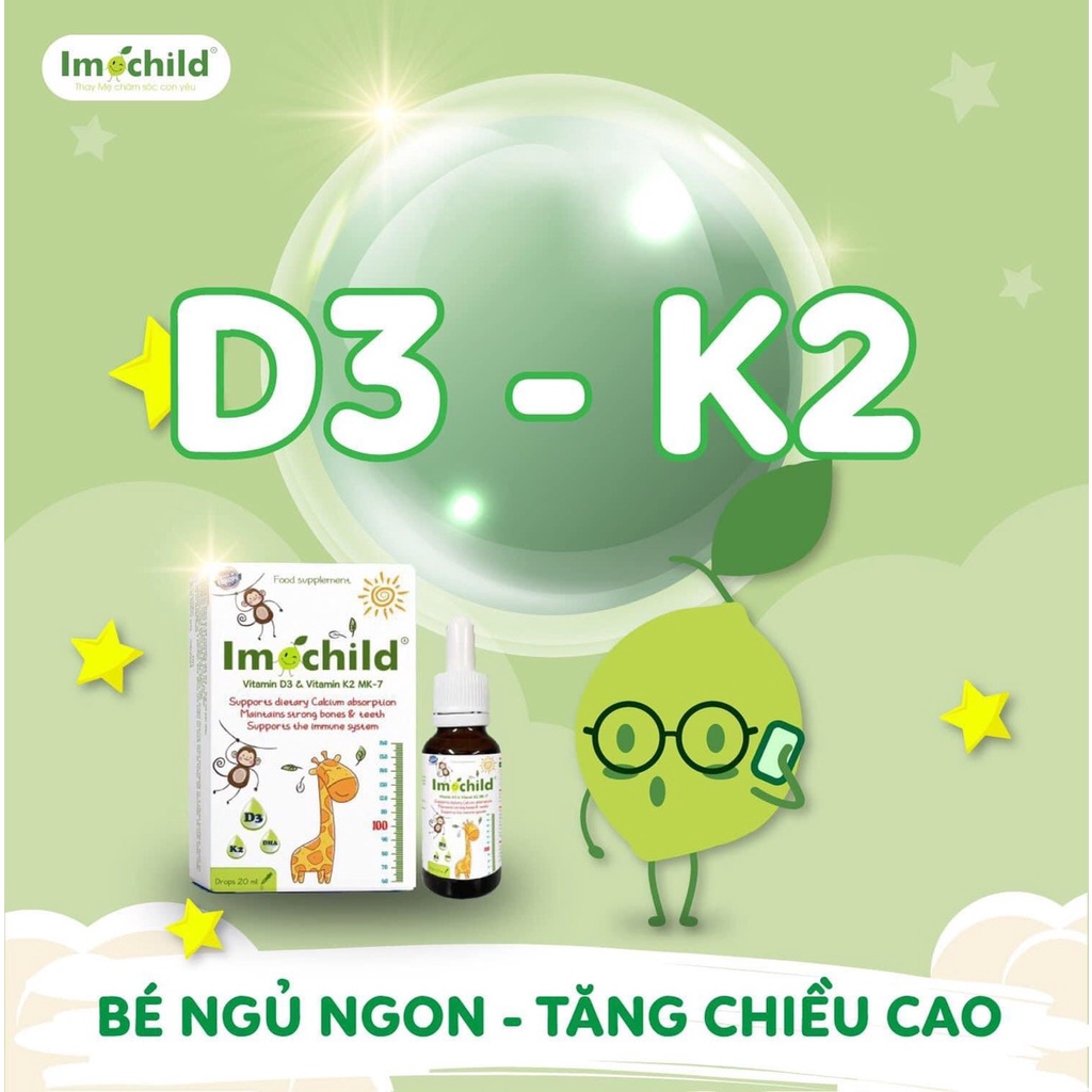 Imochild D3K2 bổ sung Vitamin D3 K2 DHA giúp bé cao lớn thông minh tăng sức đề kháng