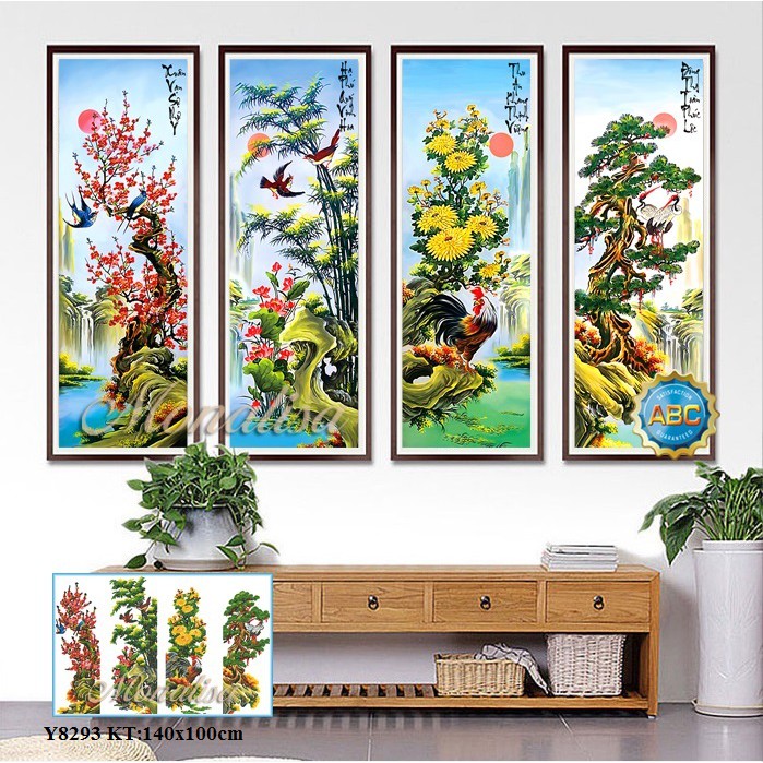 Tranh đính đá tứ quý xuân hạ thu đông KT:36x100x4 bức. Tranh gắn đá chưa làm.