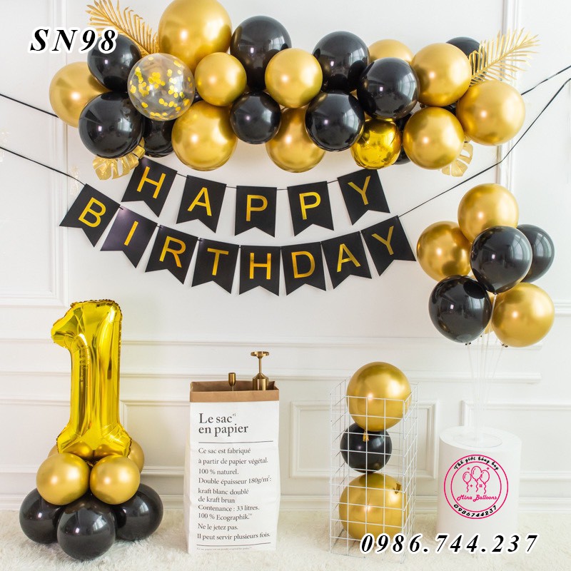 Set Bóng Trang Trí Sinh Nhật Happy Birthday Màu Vàng Gold