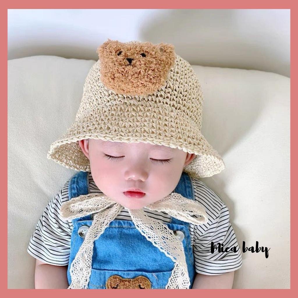 Mũ bucket chất cói mềm đính gấu bông xù dễ thương cho bé MH178 Mica Baby