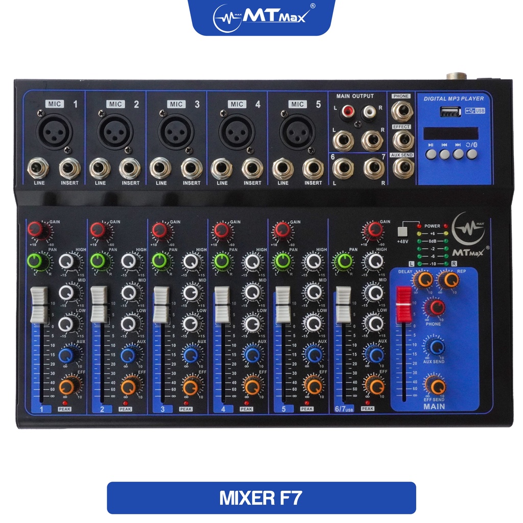 Bàn trộn Mixer MTMax F7 BT - 7 kênh cao cấp - Có bluetooth, chống hú tốt - Màn hình led hiển thị thông số