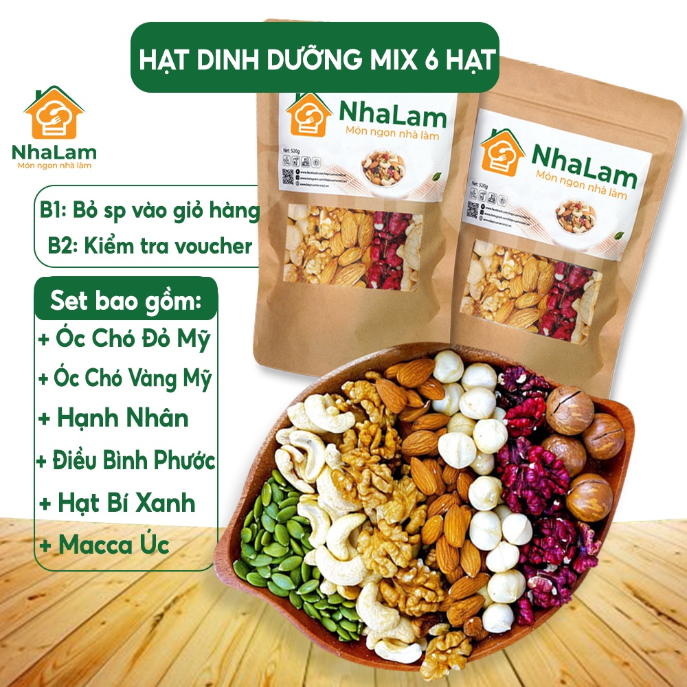 Hạt Dinh Dưỡng Mix 6 Loại Siêu Hạt Óc Chó, Hạnh Nhân, Điều, Bí Xanh, Macca NHALAM FOOD