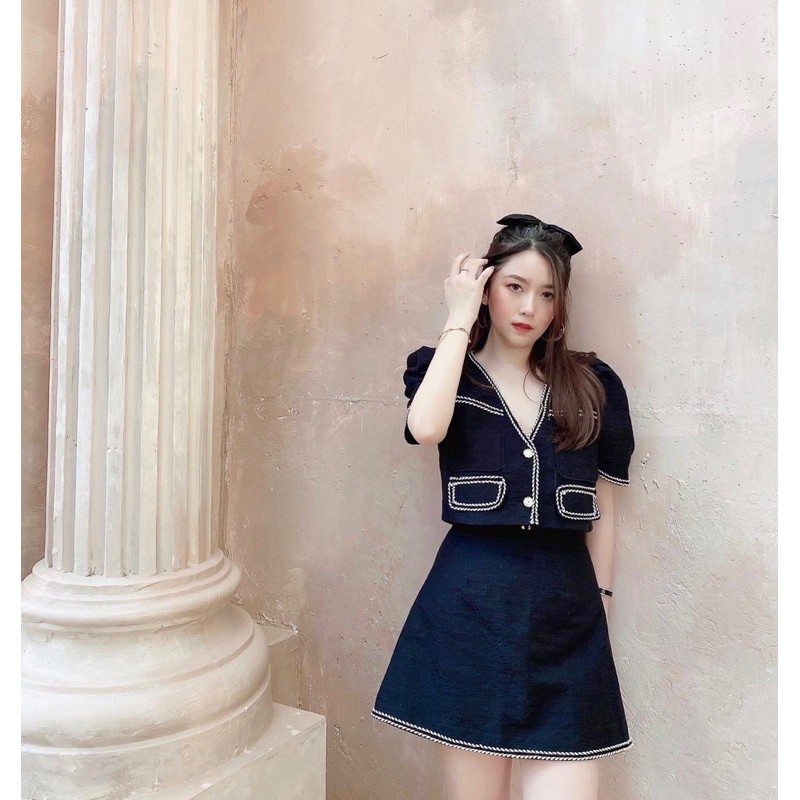 Áo khoác tweed ngắn tay dáng lửng bện dây tingoan LOVIN' TWEED TOP/BL