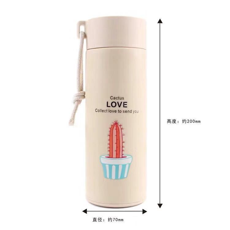 Bình Nước Giữ Nhiệt  Cute Lõi Thuỷ Tinh 400ml, Hình Xương Rồng Dễ Thương