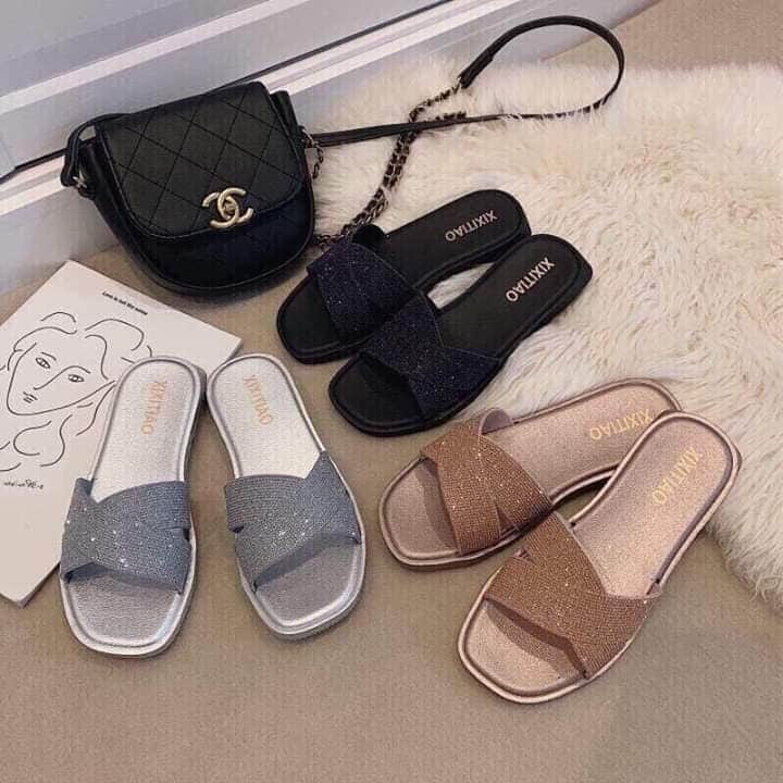 [SALE TRI ÂN] Dép cao su kim sa vàng đồng, đen lấp lánh quai chéo XIXITAO size 37