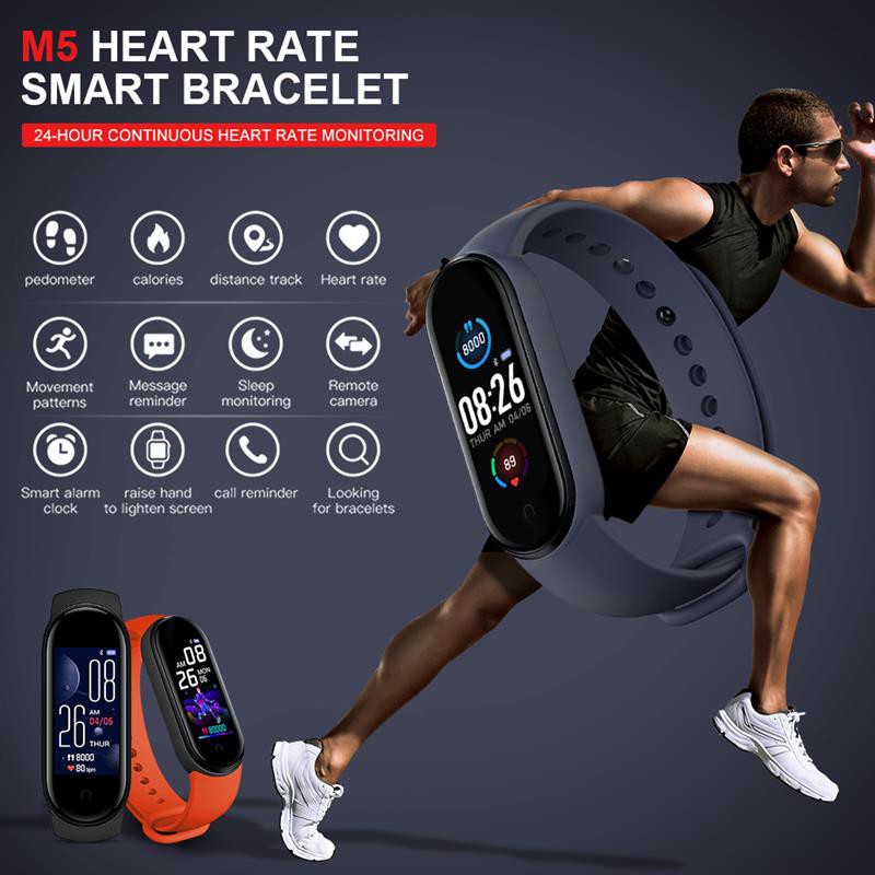 Đồng hồ thông minh M5 Jam Smartband Bluetooth IP67 Không thấm nước Theo dõi thể dục thể thao Theo dõi nhịp tim Màn hình ngủ Nam nữ Vòng tay cho PK M3 M4 miband 5