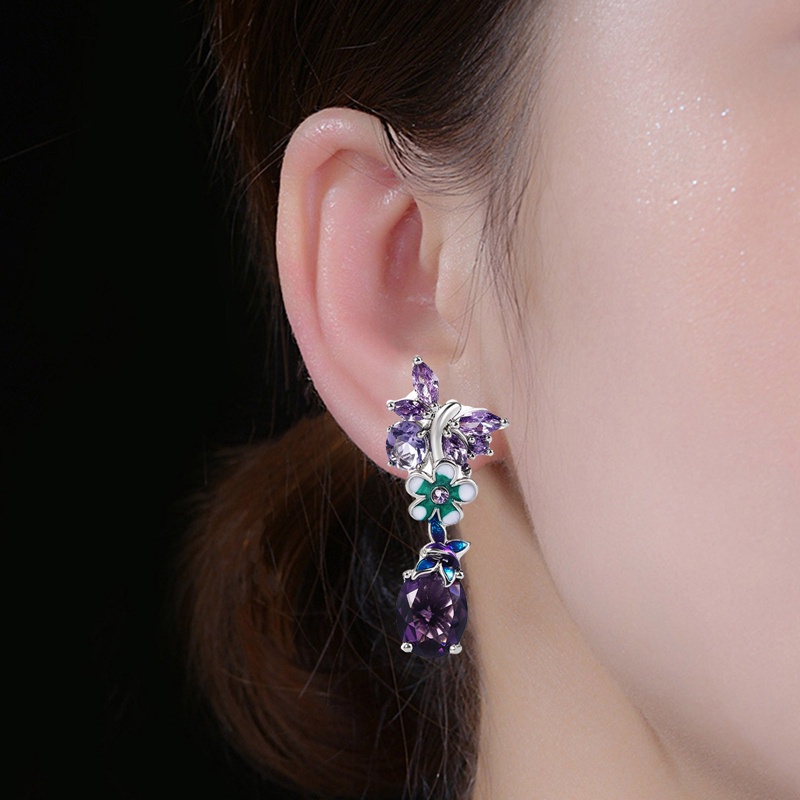 Đôi khuyên tai hình oval màu tím đính đá zircon phong cách Âu Mỹ thời trang mới cho nữ