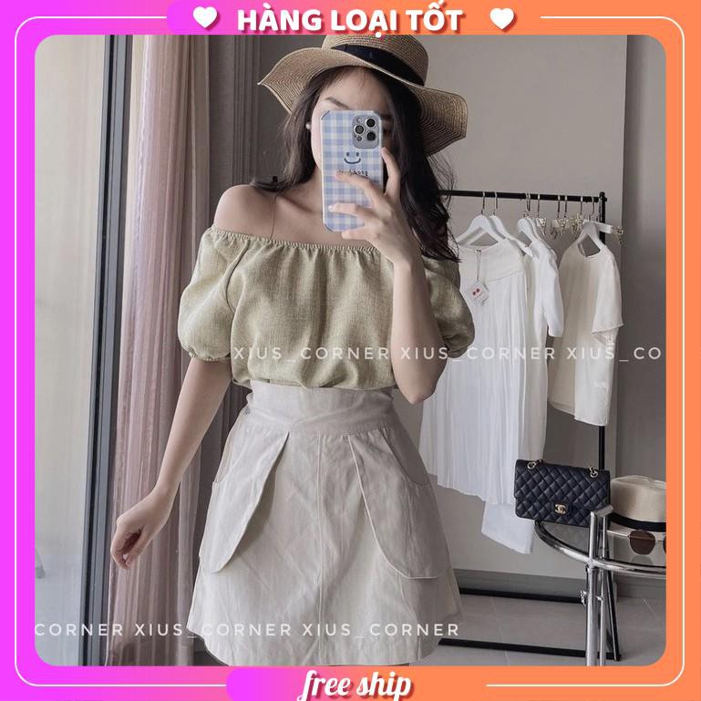 Set áo trễ vai linen xước mix chân váy kaki dày dặn - S68