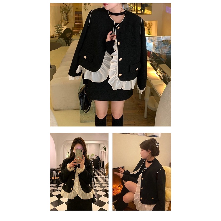 Áo khoác thiết kế viền xếp ly dáng ngắn + chân váy chữ A dài lửng phong cách thời trang mùa xuân thu 2022 có bán lẻ