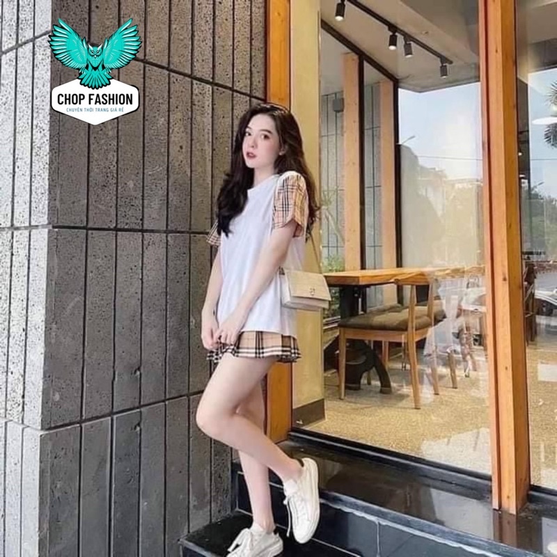 Set áo phông BBR chân váy tennis chữ A ngắn caro JK có quần lót Bộ áo thun đầm xếp ly xòe kẻ ô nữ sinh