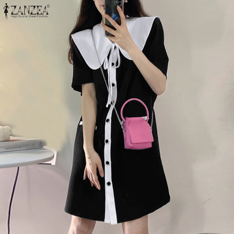 Đầm tay ngắn Zanzea phối màu tương phản phong cách Hàn Quốc thời trang cho nữ