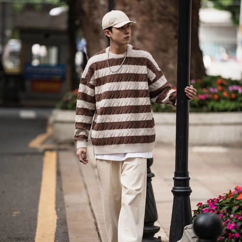 Áo Sweater Chui Đầu Dáng Rộng Họa Tiết Kẻ Sọc Đơn Giản Thời Trang Mùa Thu Phong Cách Hàn Quốc Cho Nam Và Nữ