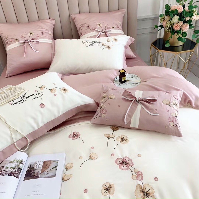 Chăn ga gối Hoa sen tencel siêu cấp 7 món