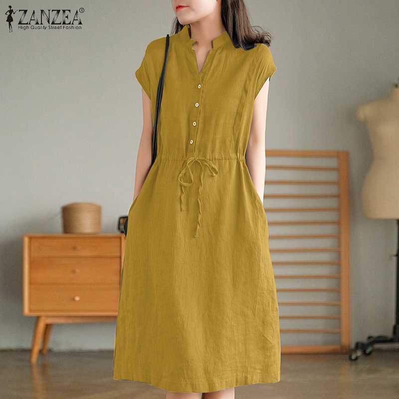 Đầm dài không tay có túi trước eo dây rút ZANZEA thời trang cho nữ