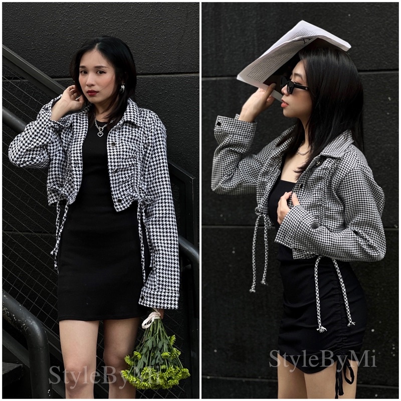 Áo khoác nữ croptop vải dạ tweed hoạ tiết caro ziczac rút dây