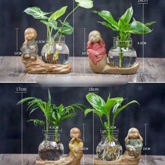 Bộ tượng 4 chú tiểu kèm lọ hoa thủy tinh, bộ 4 tượng tứ phật trang trí nhà cửa, xe oto