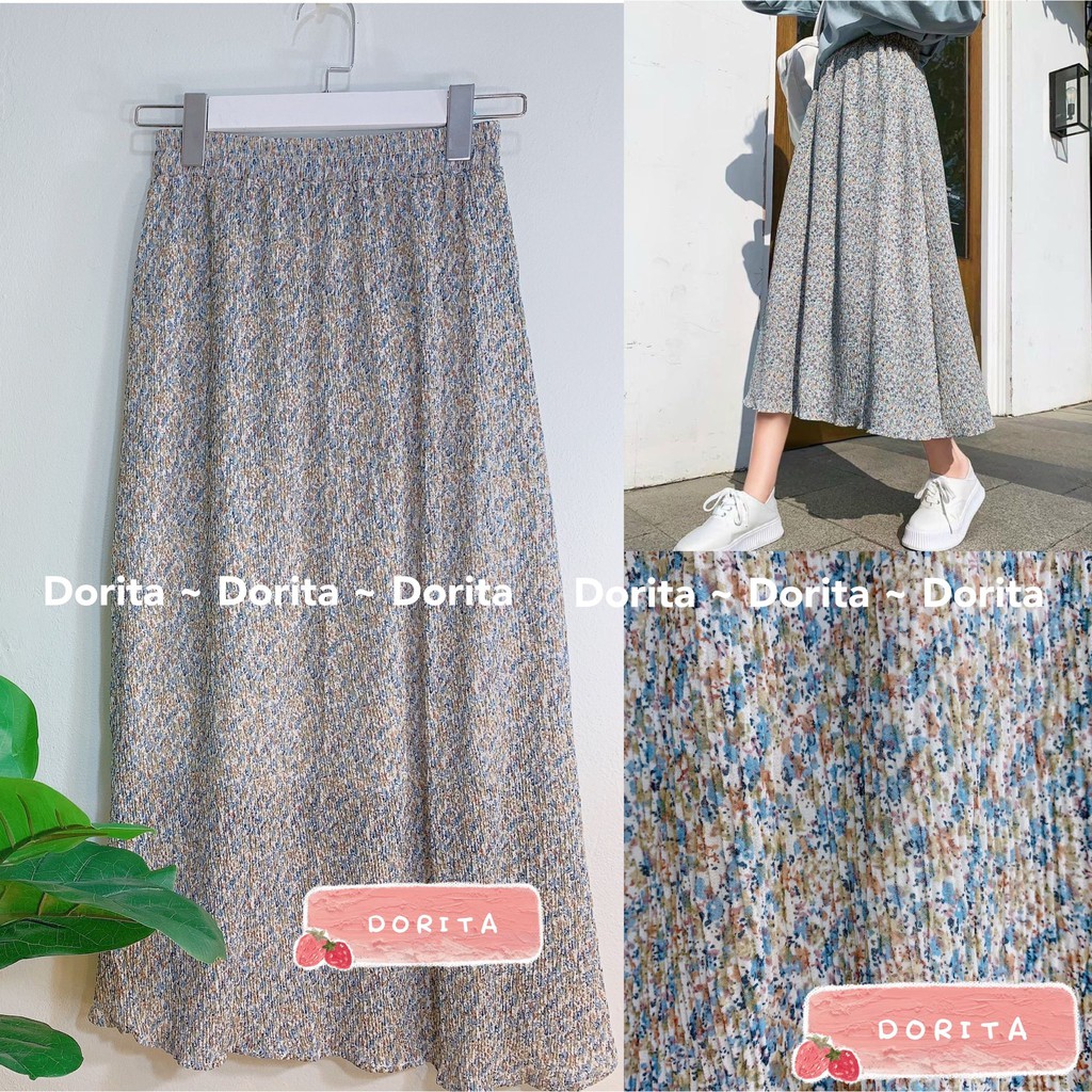 Chân váy hoa nhí vintage Ulzzang xếp ly, Chân váy dài Quảng Châu 2 lớp | BigBuy360 - bigbuy360.vn