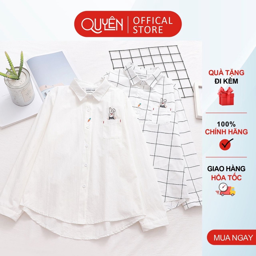 Áo sơ mi thêu hình Thỏ và cà rốt Quyên Fashion AA559 công sở basic màu trắng, kẻ
