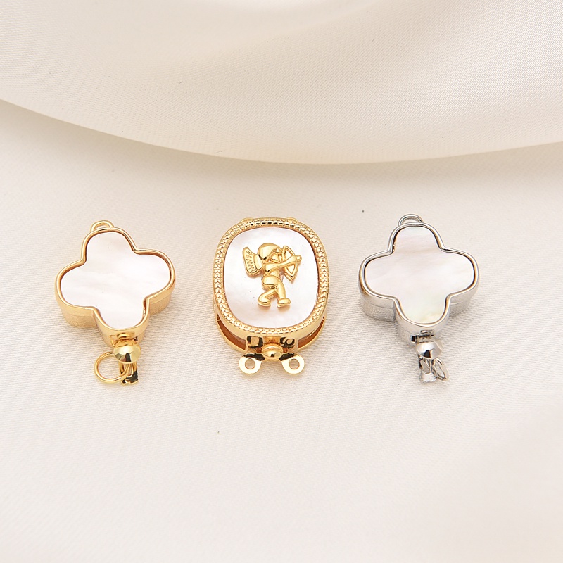 Khóa Cài Vòng Tay / Dây Chuyền Bằng Đồng Mạ Vàng 18K diy Hình Cỏ Bốn Lá Màu Trắng Tự Nhiên