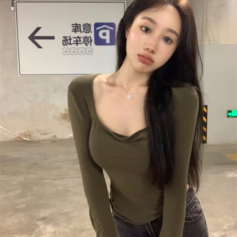 Áo thun COZOKC tay dài cổ vuông trẻ trung quyến rũ dành cho nữ