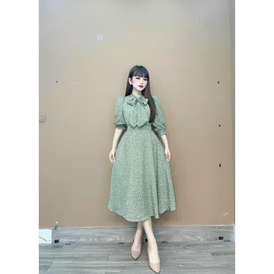 đầm xòe hoa nhí tay lỡ cổ thắt nơ ôm eo dáng dài thời trang nữ xinh xắn giản dị m53