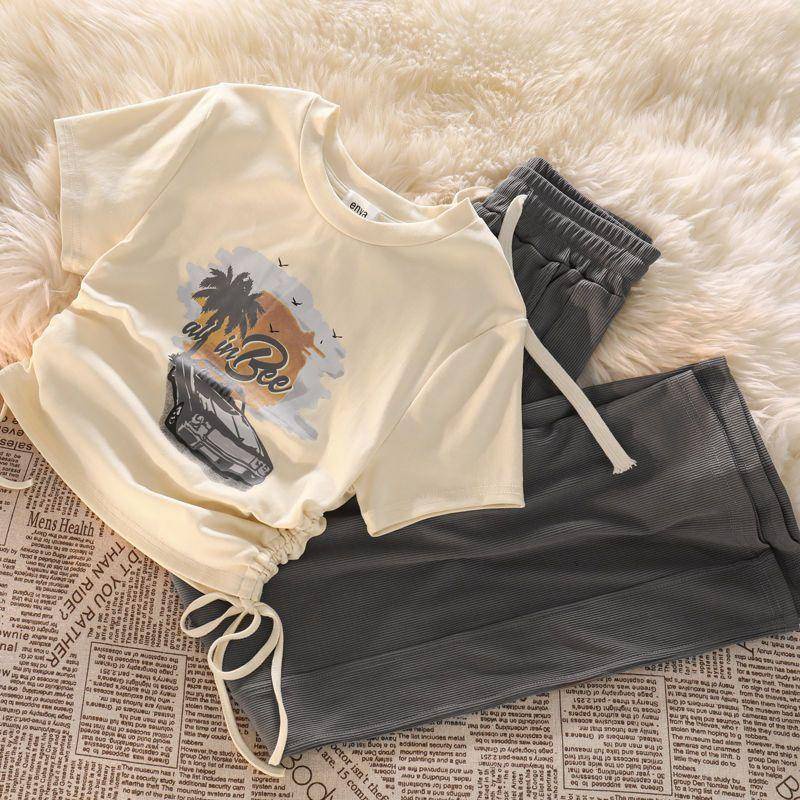 Áo Tay Ngắn Dây Rút In Hình Mỹ Mùa Thu Cho Nữ + Quần Ống Rộng Thường Ngày Và Quần 2 Chiếc