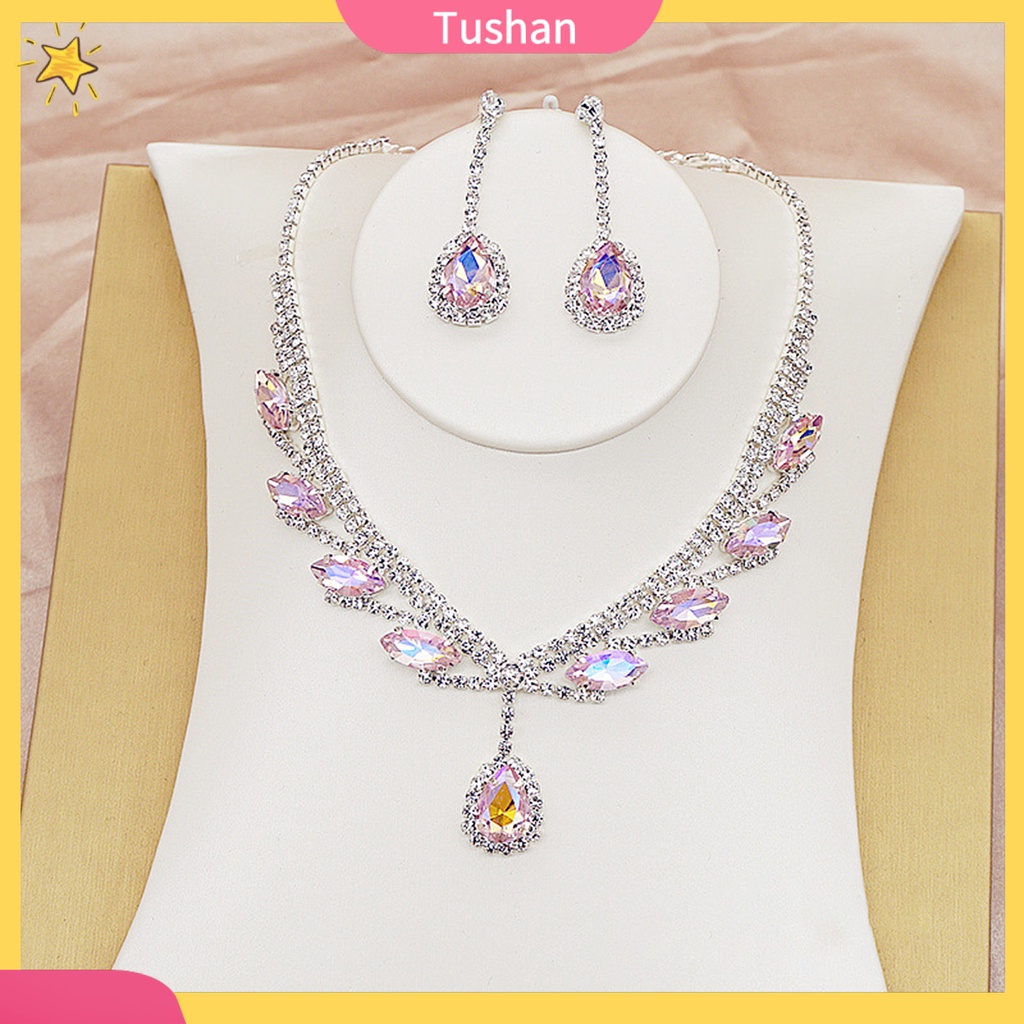 Set dây chuyền và đôi khuyên tai mặt hình giọt nước đính đá nhân tạo lấp lánh thời trang dành cho cô dâu