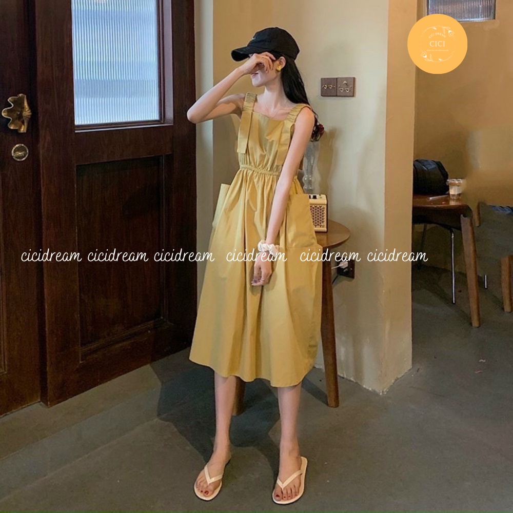 Đầm 2 dây chun eo có túi  chất vải thô , đầm  2 dây chất vải thô   thắt eo