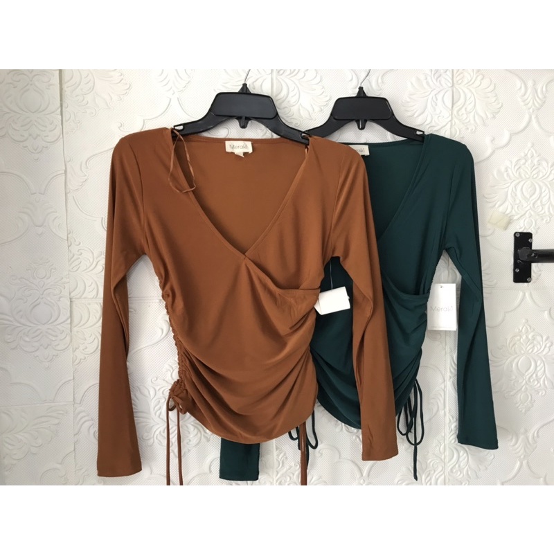 áo thun tay dài phối nhún rút dây cạnh sườn kiểu body siêu mát vnxk