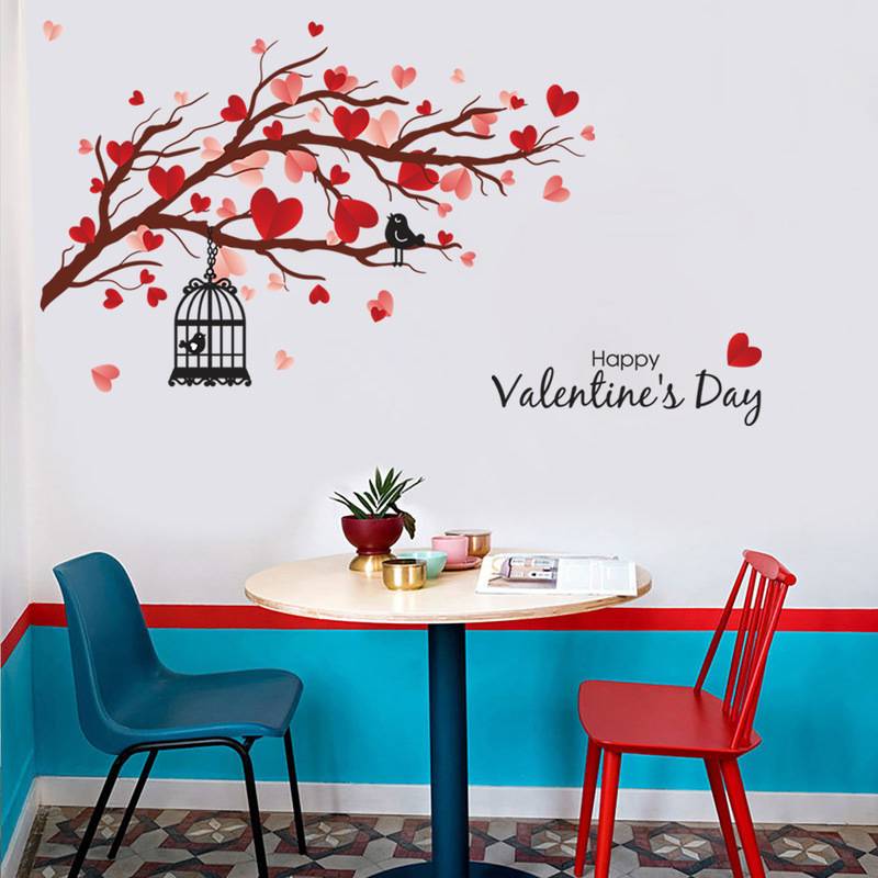 Màu đỏ tình yêu Cây cành chim Chim không thấm nước dán tường phòng khách Phòng ngủ Ngày Valentine Tình yêu Bird Beauty Trang trí dán tường