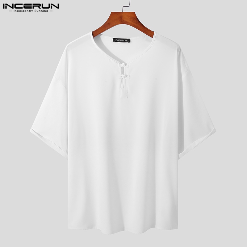 Áo thun INCERUN tay lỡ cổ chữ v màu sắc đơn giản phong cách trung hoa cho nam giới