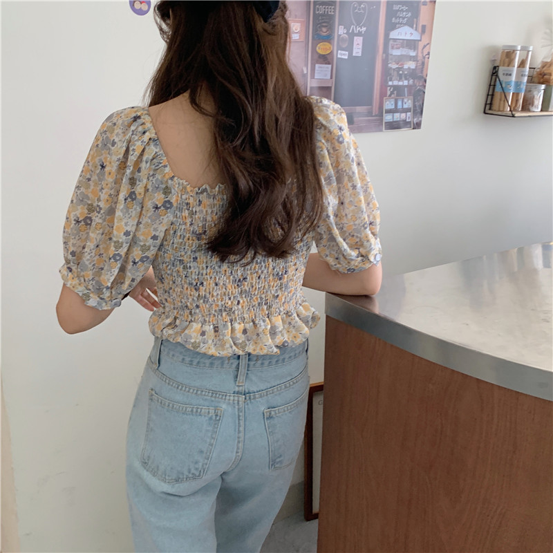 SUXI Áo Croptop Tay Phồng Cổ Vuông Họa Tiết Hoa Xinh Xắn Cho Nữ