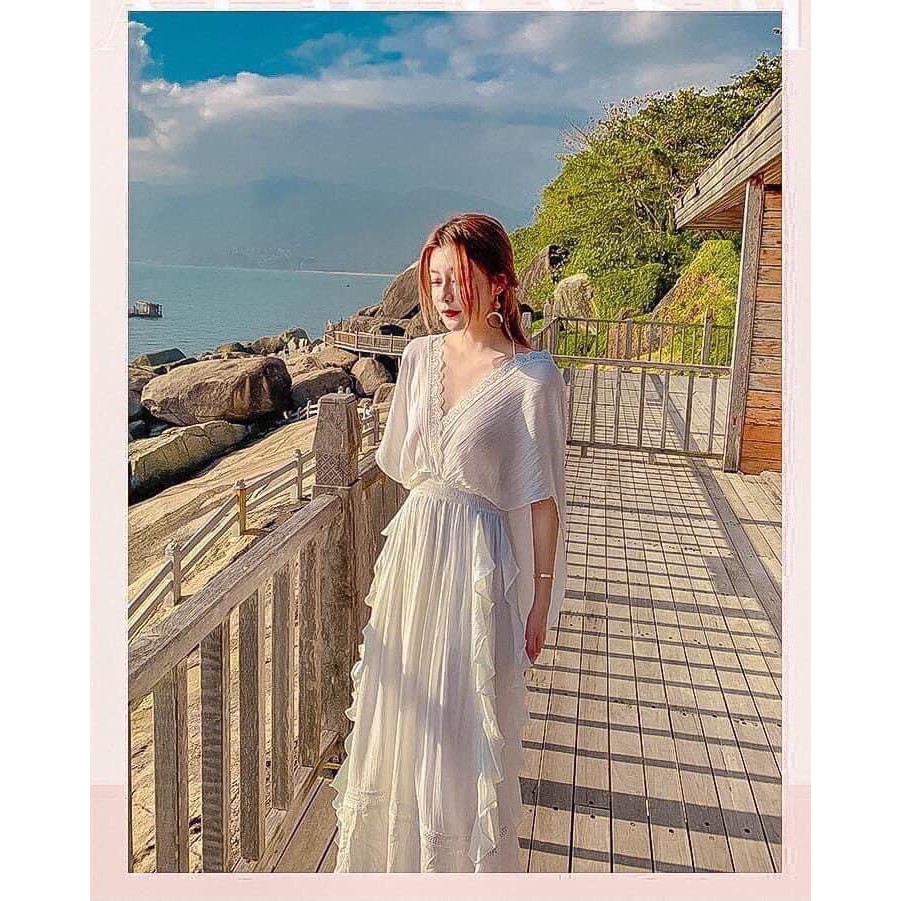 Đầm váy maxi trắng phối bèo