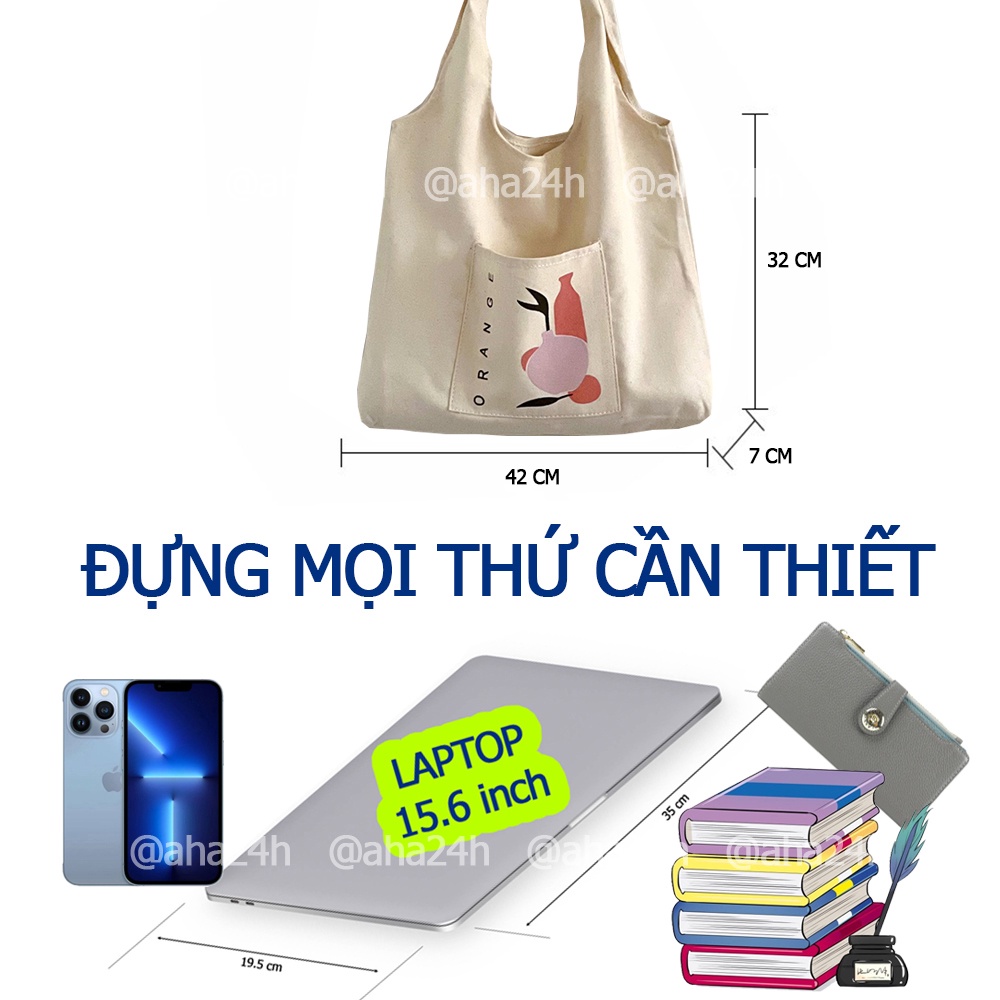 Túi tote vải canvas đi học đi chơi có túi nhỏ xinh in ORANGE AH1633