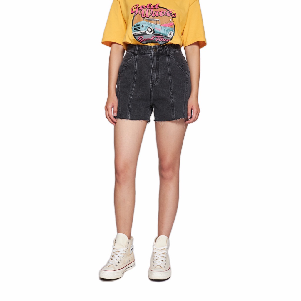 Quần Short BOO Nữ Dáng Rộng High Waisted Raw Hem Phong Cách Hàn Quốc
